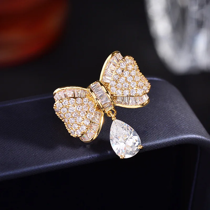 Chinese Style Auspicious Lucky Sparkling Zircon Bow Teardrop Brooch Delicate Lapel Pin For Women Wedding Party Daily Wear Gift