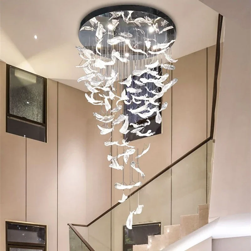 Amber Clear Crystal Feather Chandelier LED Ceiling Pendant Light for Staircase Beauty Salon Reception Room Lobby Stainless Steel
