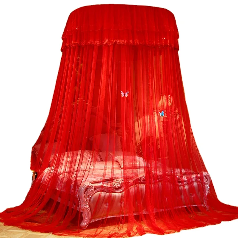 

Korean Style 3d Printed Wedding Red Purple Princess Mosquito Net Bed Round Canopy With Butterfly