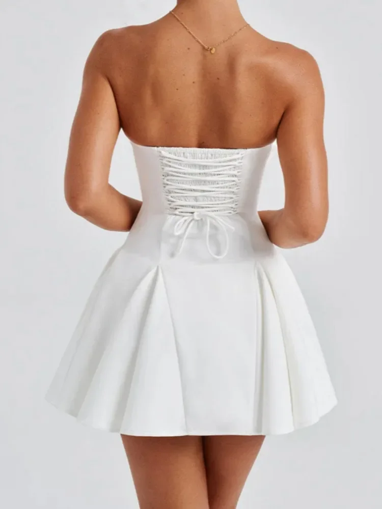 Bow Strapless Backless Sexy Mini Dress For Women Robe Fashion Solid Off-shoulder Sleeveless A-line Club Dress Vestido
