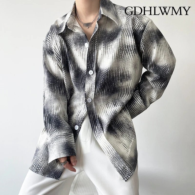 GDHLWMY Autumn Korean style trendy wide shoulder tie dye personalized printed long sleeved men's plus size loose shirt