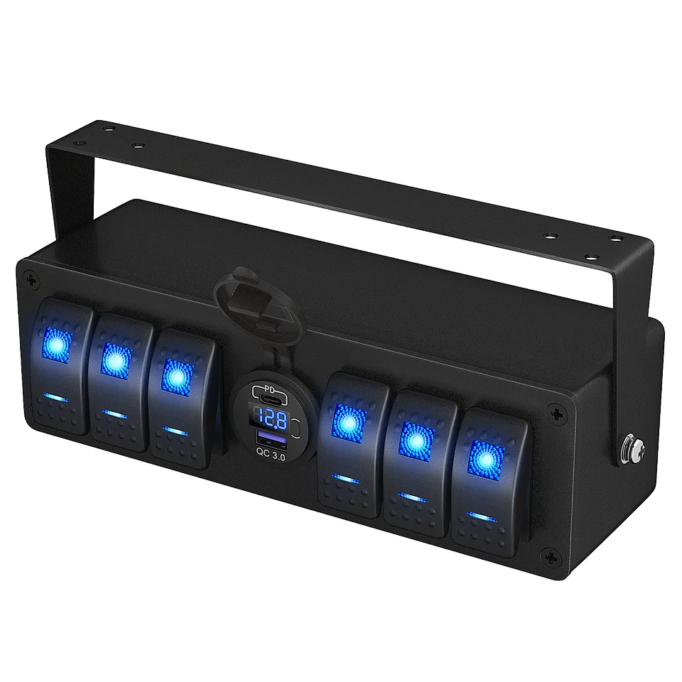 Surface Mount 12V 6Gang Switch Panel Box Marine Carling Rocker Switch Panel Waterproof Enclosure with QC3.0 Dual USB Socket