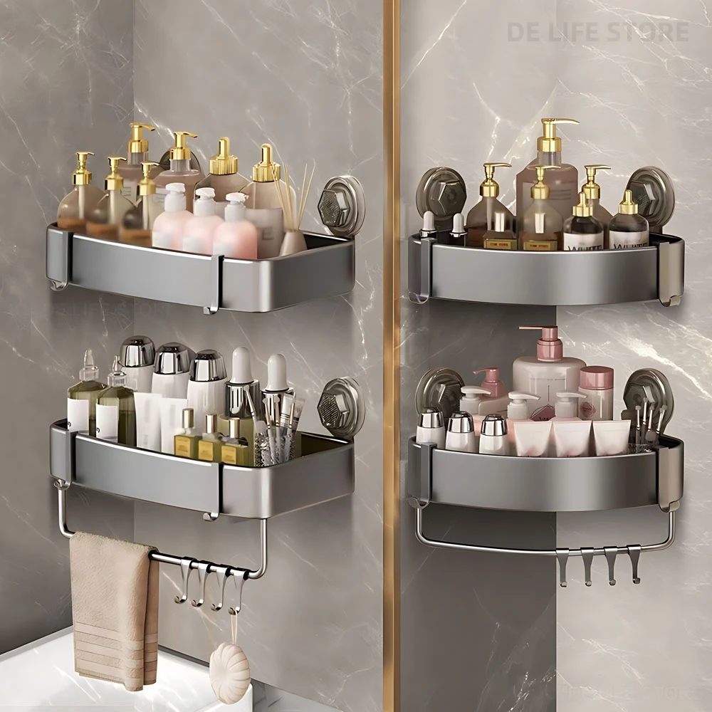 Aluminum Bathroom Shelves With Suction Cup Corner Shelf Without Drilling Shower Rack Wall Shampoo Holder Bathroom Organizer