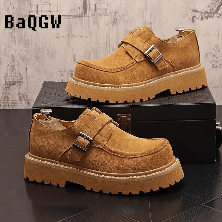 

2026 Spring Unisex Suede Buckle Strap Platform Monk Shoes Vintage Thick Lug Sole Casual Footwear for Daily Street Style