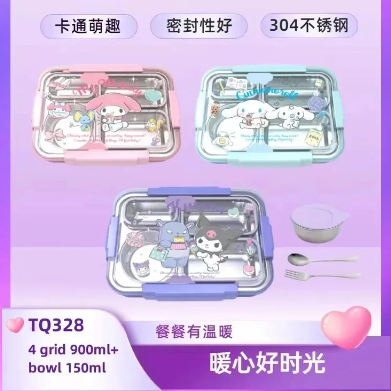 Sanrio Hello Kitty Kuromi Cinnamoroll 304 Stainless Steel Lunch Box Lunch Box Bring Cutlery Cartoon Anime Divided Bento Box