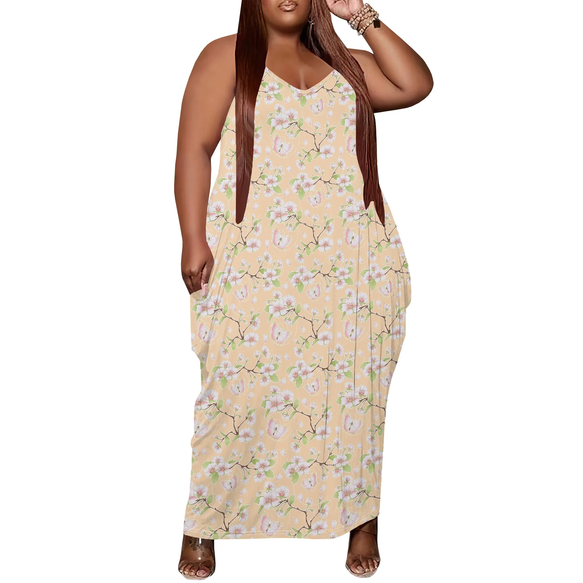 

Women Plus Size Dress Floral Print Loose Halter Long Dress with Pocket Stretchy Relaxed XL-6XL