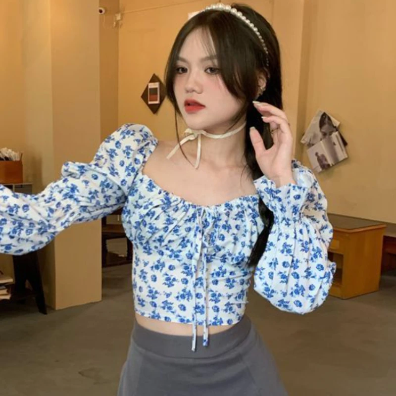 Floral Blouses Women Puff Sleeve Spring Female Fashion Hotsweet Crop Tops Vintage Daily Casual Soft All-match Korean Style Slim