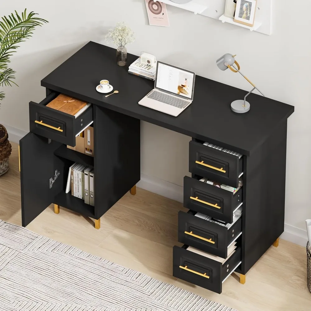 Black and Gold Nail Tech Desk with Drawers, 43 Inch Manicure Table with Storage for Nail Tech, Nail Makeup Beauty Salon Table wi