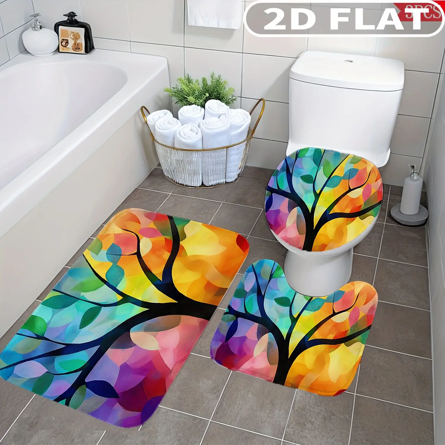 

3pcs Bathroom Rug Set Colorful Tree Abstract Art Design Pattern Non-Slip Includes Bath Rug Contour Mat and Toilet Lid Cover Mat