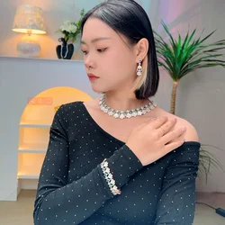 Designer Collection Style Ring Earrings Bracelet Necklace Women Lady Inlay Cubic Zircon Mother Of Pearl Dinner Party Jewelry Set
