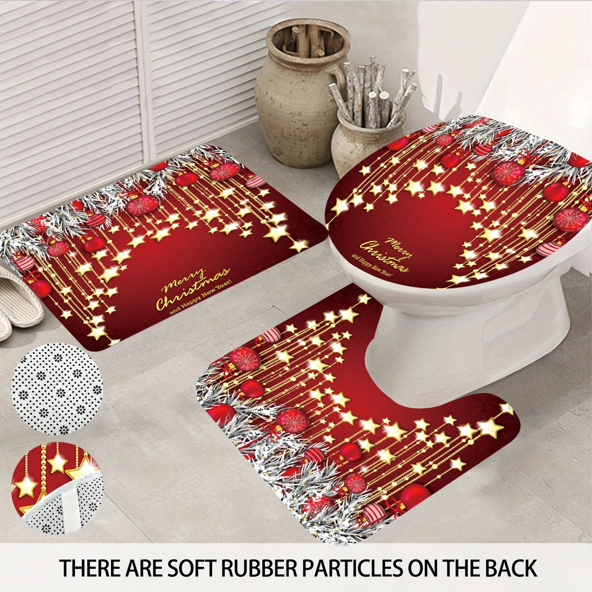 

4 шт., набор для ванной комнаты с рождественским шаром и красным принтом, 180x180 водонепроницаемая занавеска для душа с 12 крючками, напольный коврик, коврик для унитаза, U-образный коврик