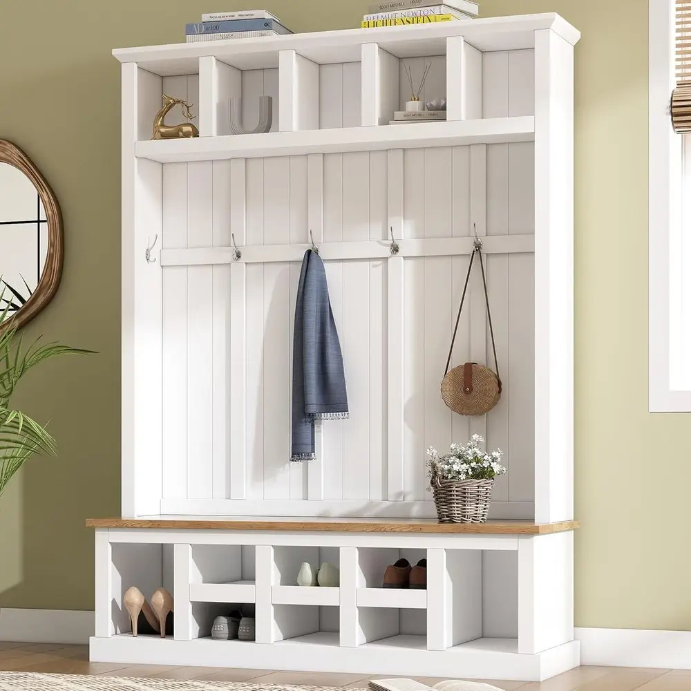 

White Entryway Bench with Storage and 6 Hooks for Coats