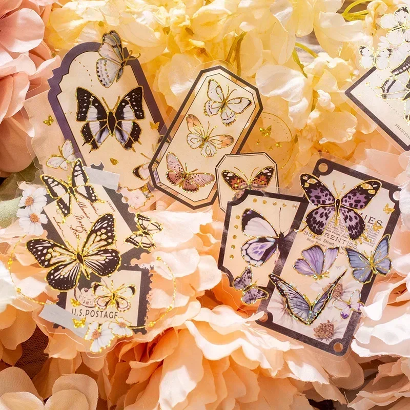 10 Stück/Packung Tagebuch PET-förmige Aufkleber Handkonto Dekoration Aufkleber 6 Stile Schmetterling Vergoldung ästhetische Scrapbooking