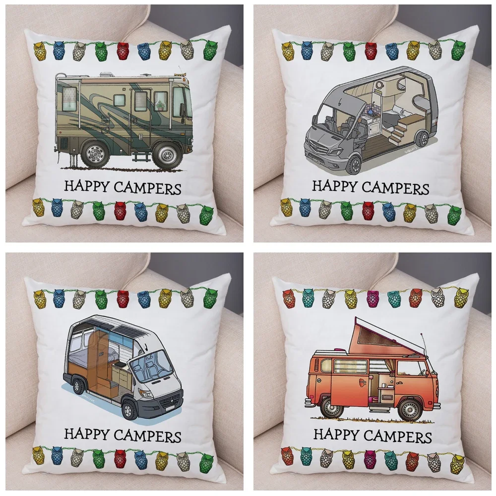 Both Sides Cartoon House Travel Car Cushion Cover Pillow Case Decor Happy Camper Van Life Soft Plush Pillowcase for Sofa Home