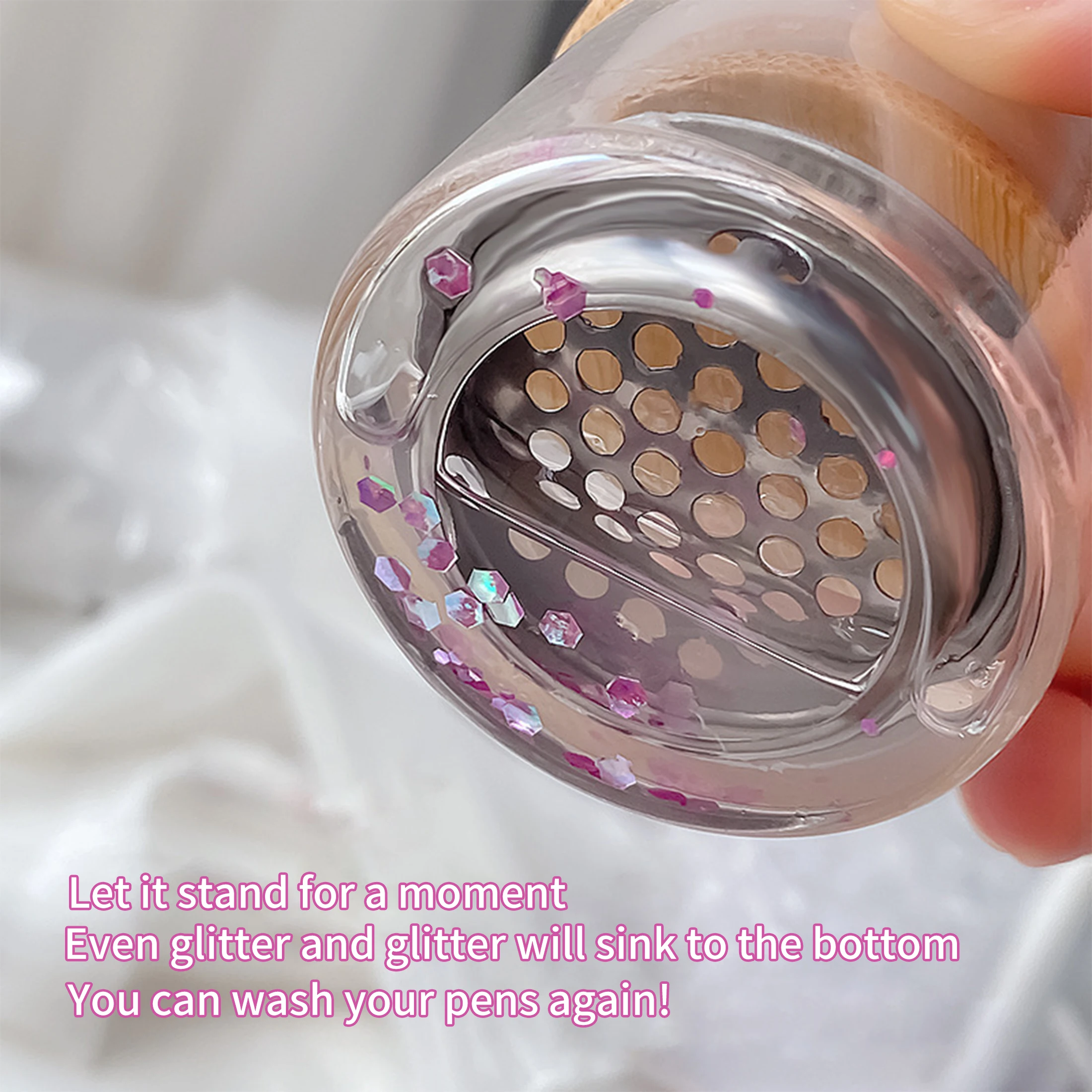 Japanese Style Nail Art Sequin Brush Cleaning Cup With Lid Stainless Steel Mesh Layered Crystal Cup Brush Cleaning Tool