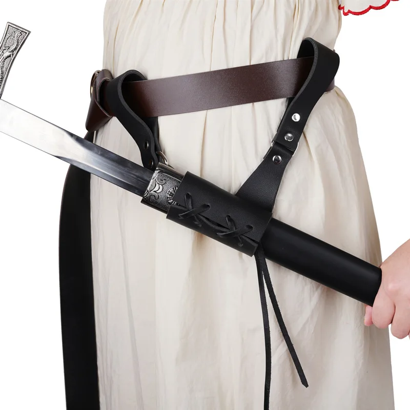 

Retro Essential! European Medieval Crusader Sword Belt, PU Leather Handmade Sword Hanger for Left & Right Hand
