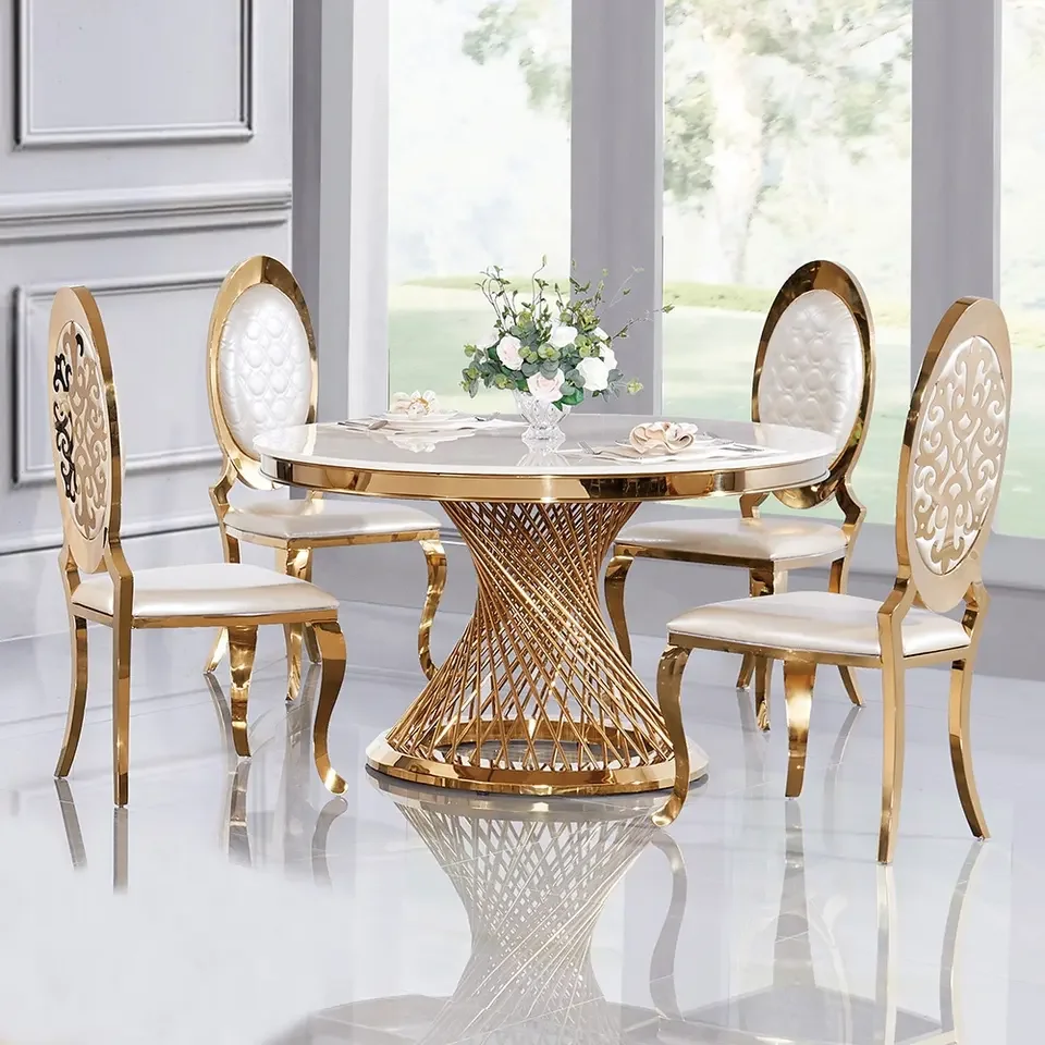 

Luxury Mirror Glass Top Golden Table Two Nest Base Event Stainless Steel Round Dining Table for Wedding
