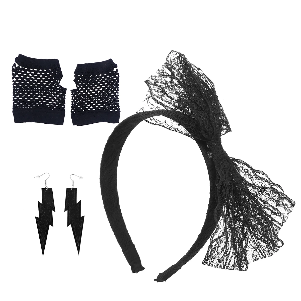 Lace Headband Neon Earrings Gloves 80s Party Halloween Costume Accessories Retro Women Hair Band Set Fits Most