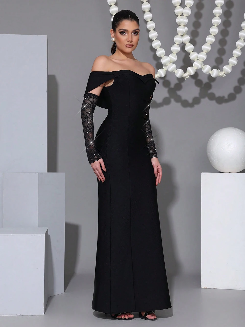 Robe Maxi à bandes noire élégante avec manches en dentelle, épaules dénudées, diamant, robes d'occasion formelles pour soirée de mariage
