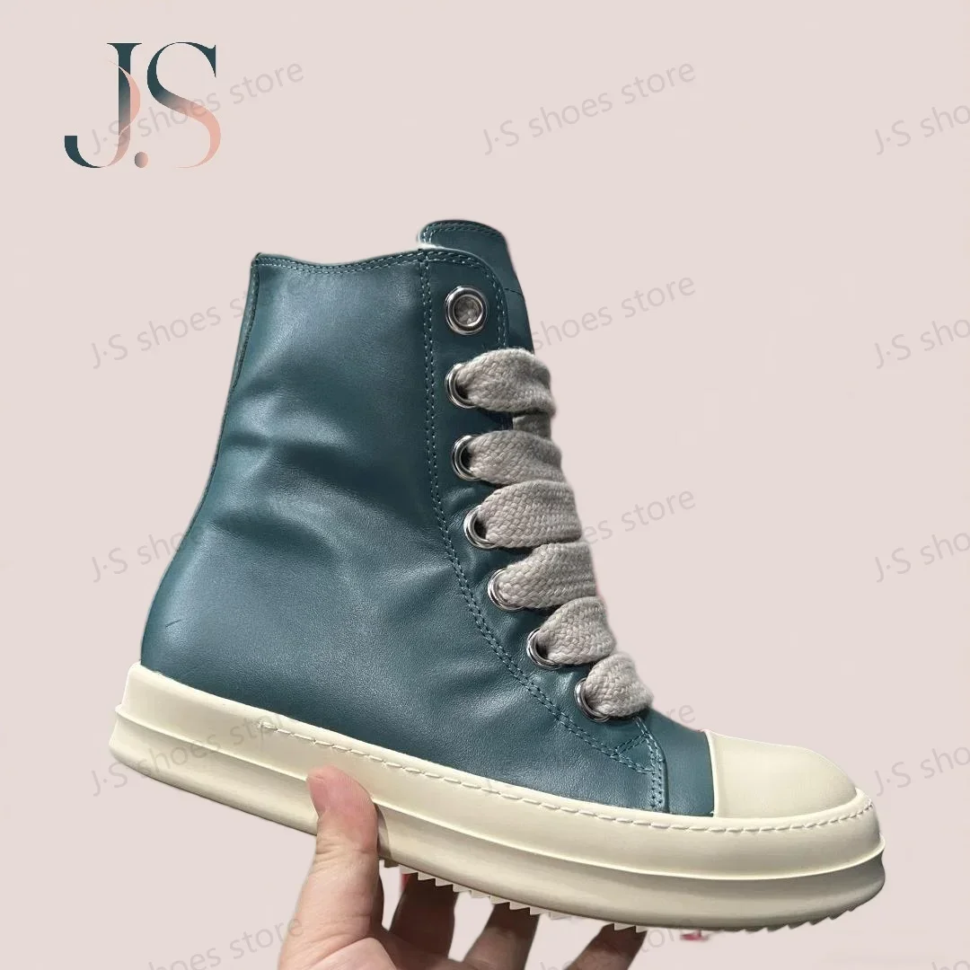 

R-o Design Boots Cyan Leather High Top Shoes Luxury Men Shoe Zipper Jumbo Laces Cyan Cowhide Women Casual Sneaker Ankle Boot