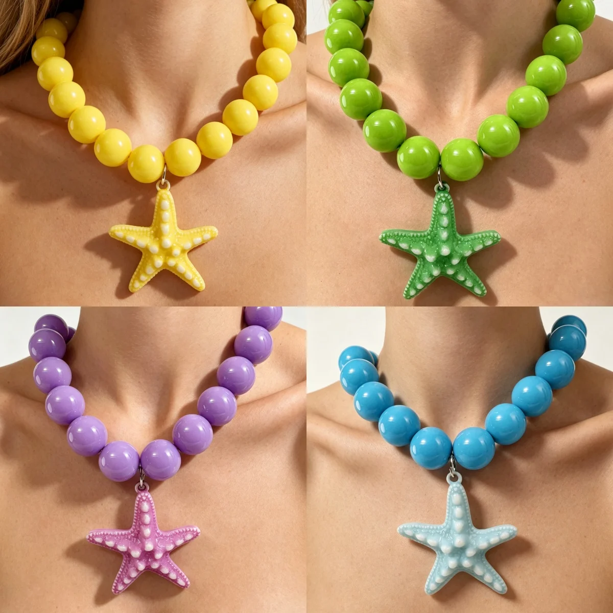 Docona Ocean Style Colorful Acrylic Beaded Necklace Simulated Starfish Pendant Chain Women's Daily Vacation Exquisite Jewelry