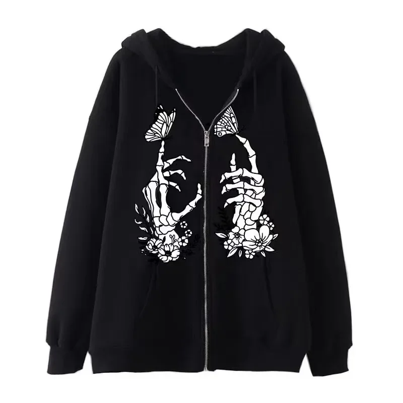 Fashion Y2K Skeleton Hoodies Women Gothic Black Zip Up Oversized Sweatshirt Ladies Retro Harajuku Hooded Jacket Streetwear Coat