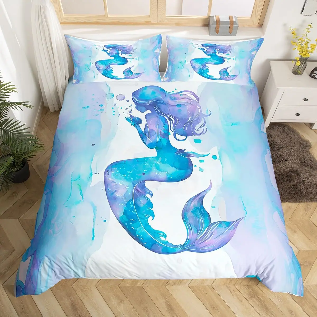 Kids Cartoon Mermaid Duvet Cover Queen Tie Dye Comforter Cover Sea Underwater World Bedding Set Sealife Microfiber Quilt Cover