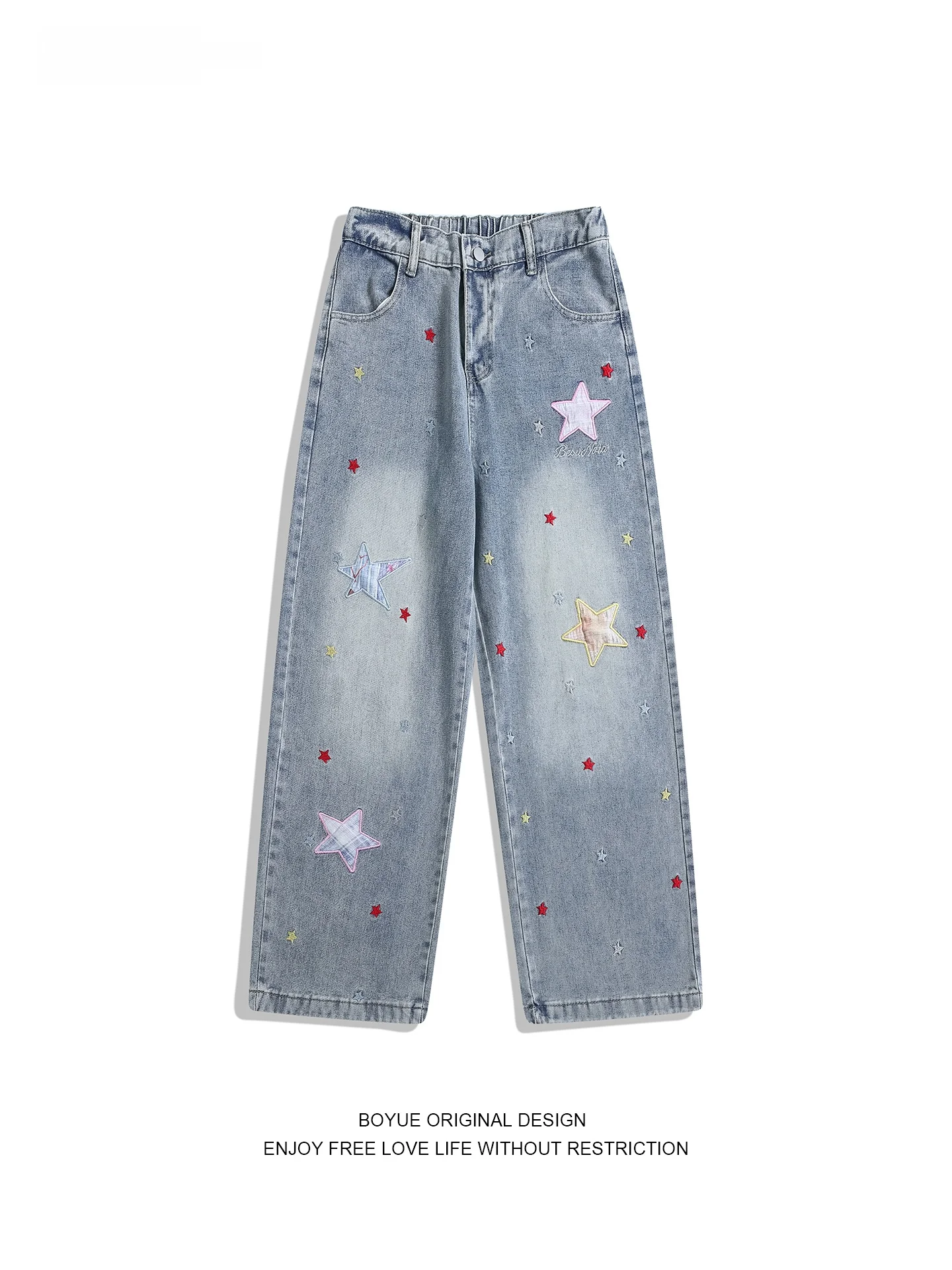 

Джинсы Boyue в американском ретро-стиле, широкие, свободные, повседневные, с нашивками в виде звезд, унисекс, длинные брюки из хлопка, полиэстера и переработанного волокна