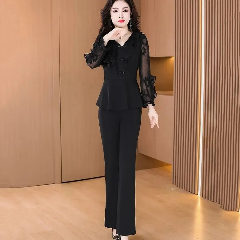 Fashion Sets Women 2024 NEW Spring Autumn V-Neck Patchwork Mesh Long Sleeve Top And Pants 2 Piece Suit Female Black Pants Outfit