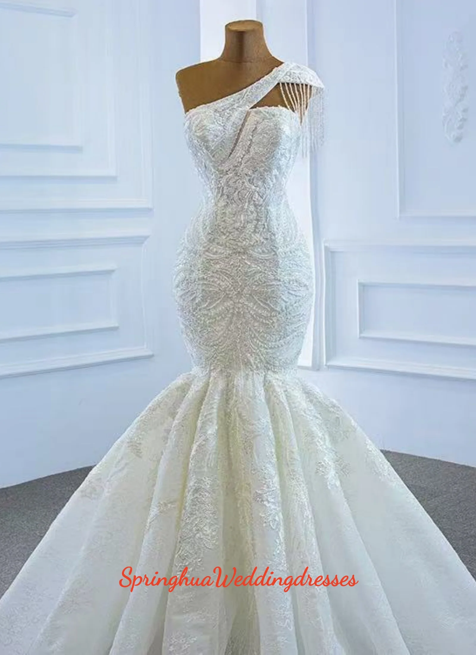 

Customized Luxurious Lace Beaded Wedding Dress One Shoulder Mermaid Bridal Gowns Crystal Beads Sequin Sweep Train Robe De Mariee