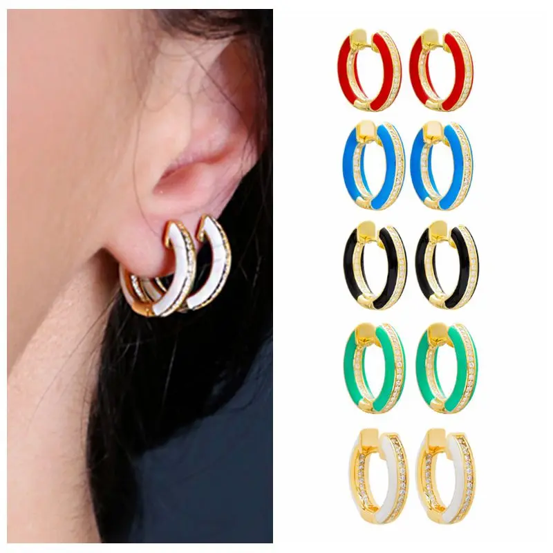 925 Sterling Silver Ear Needle Enamel Zircon Hoop gold Earrings for women Colorful Simple Round Earrings Fashion Party Jewelry