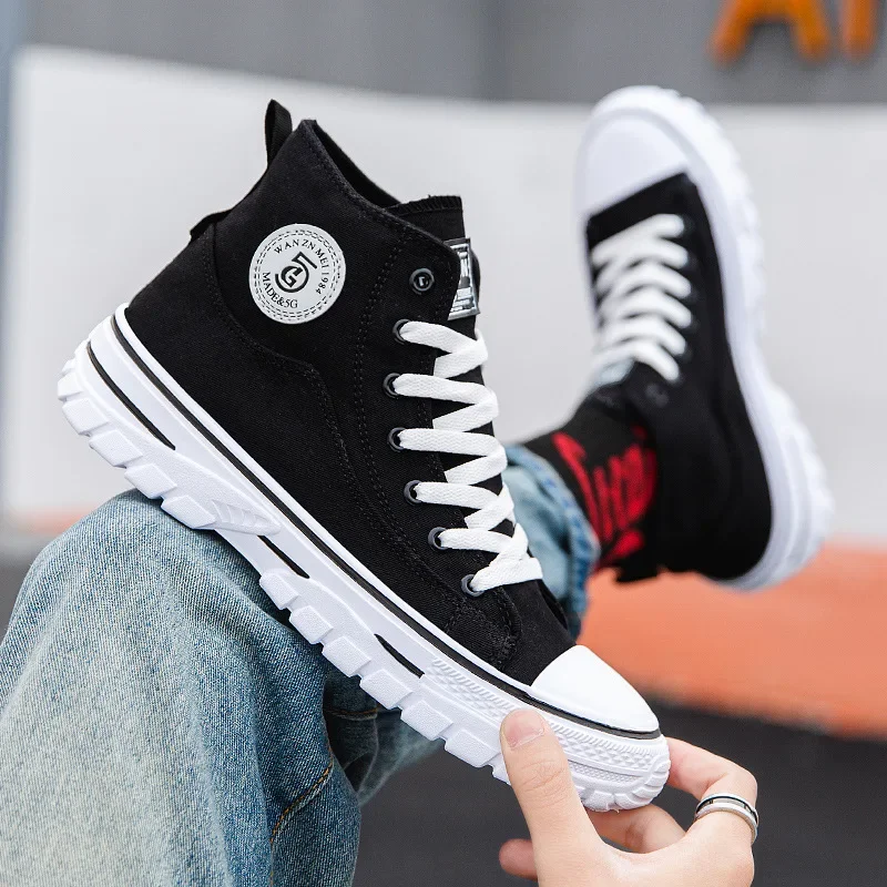 Mens Casual High-top Canvas Shoes Fashion Men Tennis Gray Black Breathable Sport Sneakers Male Trainer Skateboard Trend Shoes 44