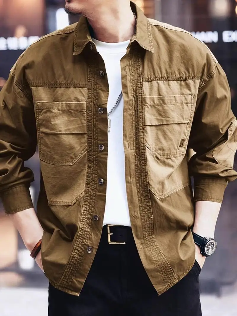 الرجال ربيع الخريف جديد عصري المرقعة البضائع طويلة الأكمام قميص فضفاض وسيم بلايز عادية #4