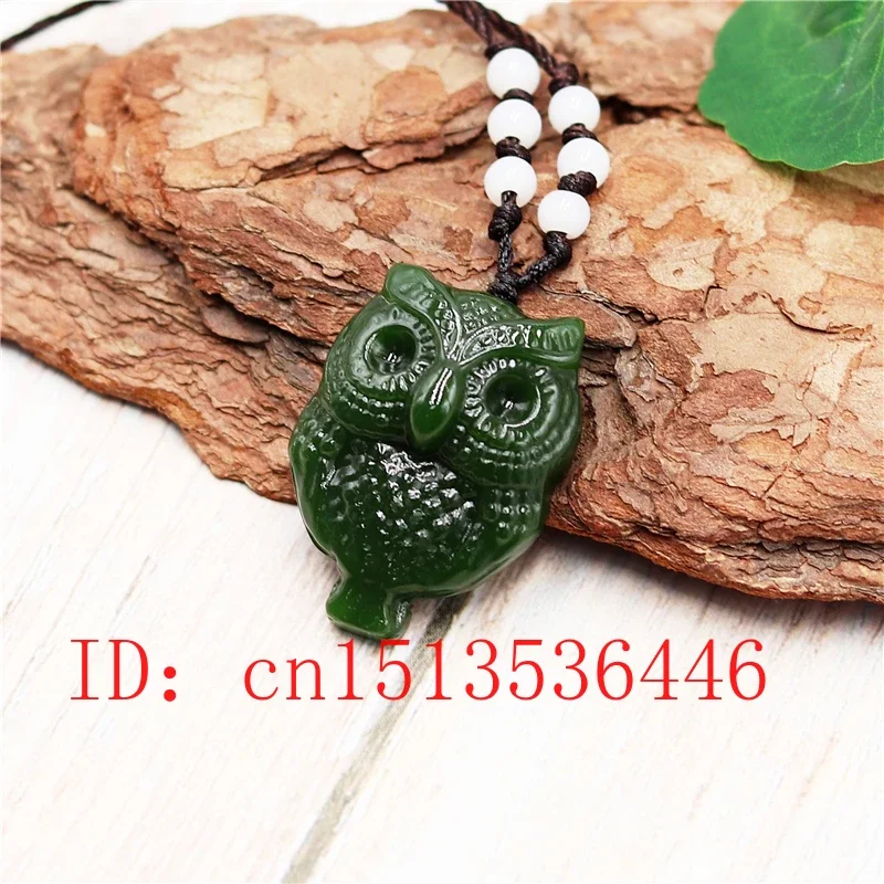 Natural Green Chinese Jade Owl Pendant Necklace Charm Jewellery Fashion Accessories Hand-Carved Luck Amulet Gifts