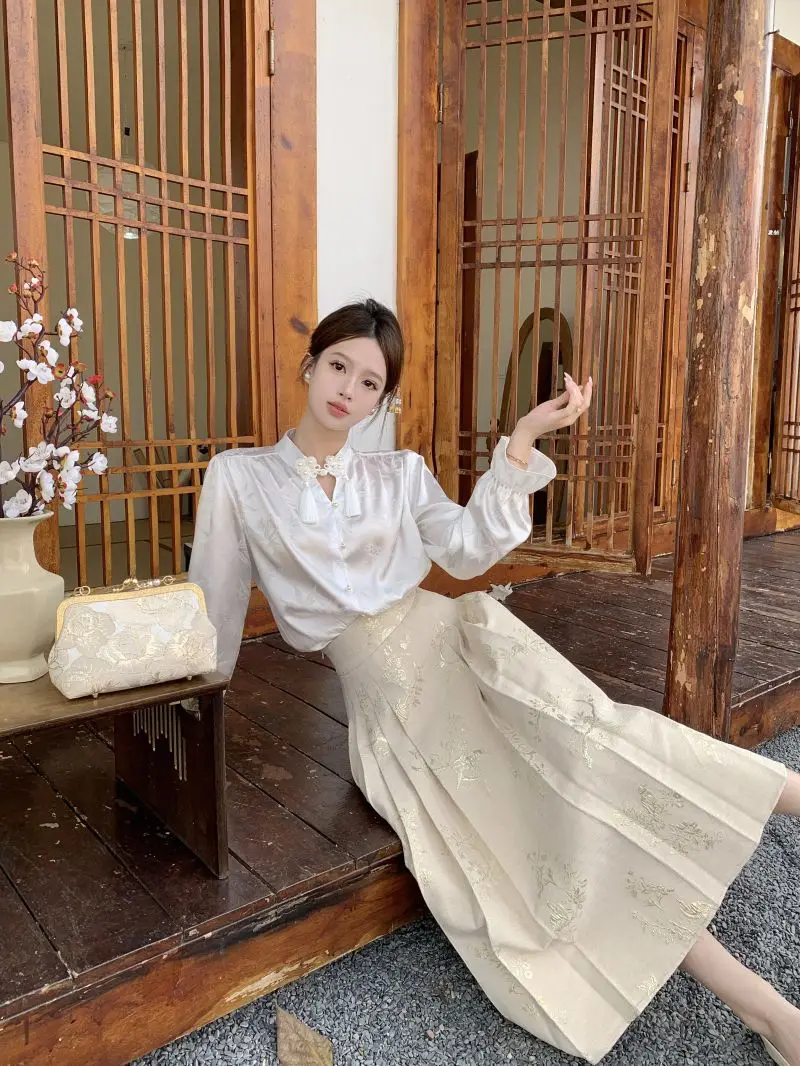 

New Chinese Style Women Suit Spring Retro Standing Neck Shirt Heavy Industry Printed Horse Face Skirt Set Fashion Two Piece Set