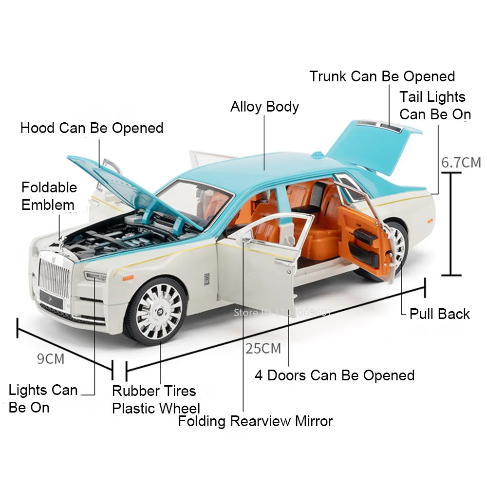 1:20 Scale Rolls-Royce Phantom Toy Car Models Alloy Diecast Sound Light 6 Doors Opened Pull Back Birthday Gifts for Children