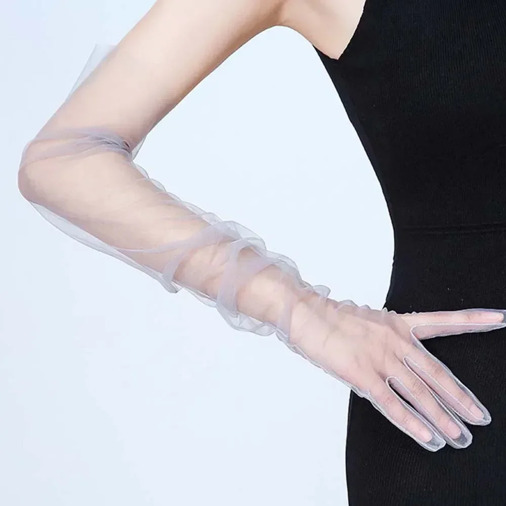 New Sexy Gloves Transparent Women Sheer Tulle Thin Mesh Wedding Driving Club Party Prom Dancing Dress Etiquette Long Glove