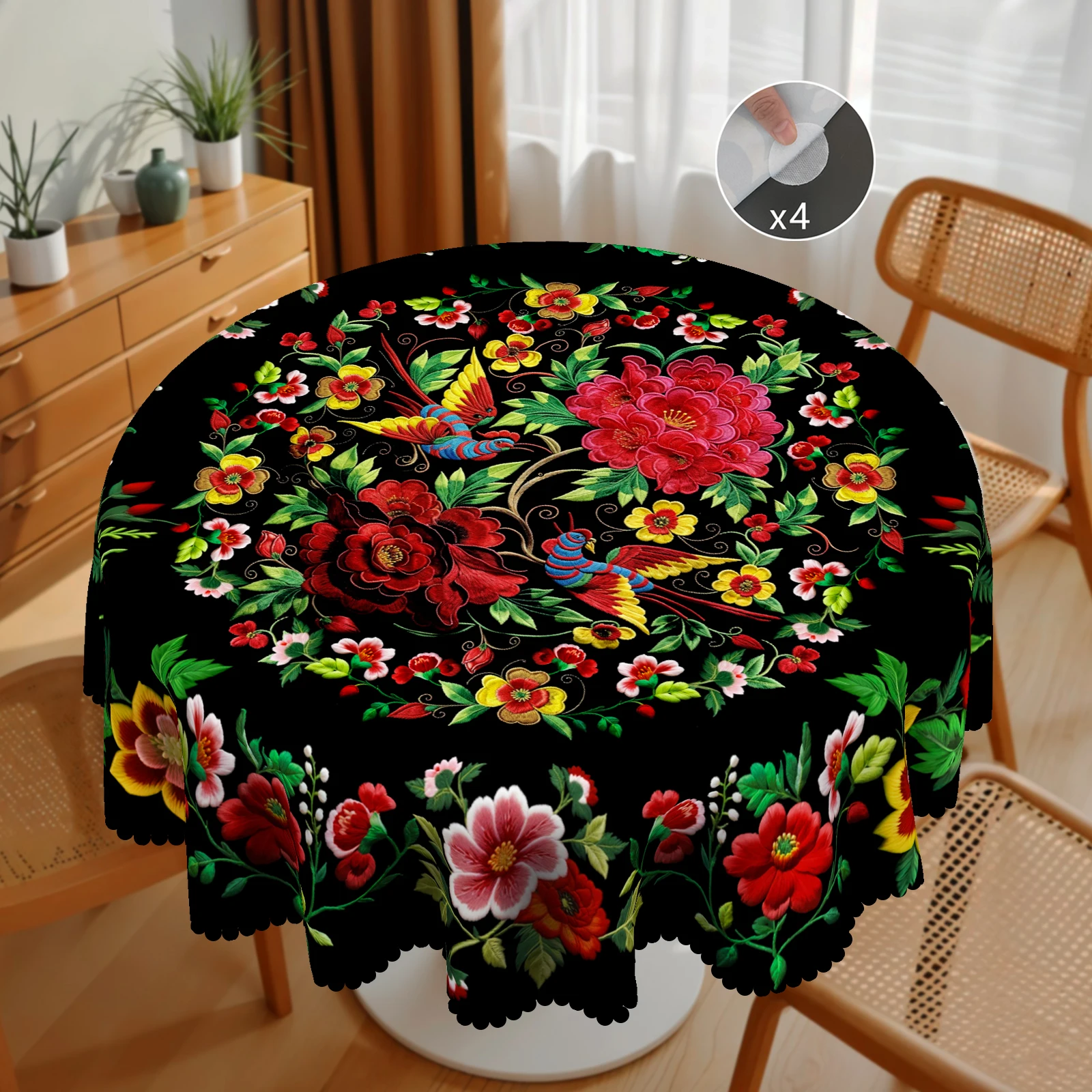 1 Piece, Vibrant Mexican Style Colorfulful Flower Tablecloth + 4 Pieces of Self-Adhesive, Flower Pattern Printing, Embossed Edge, Suitable for Home Kitchen Room Decoration, Party Holiday Decoration Tablecloth, Perfect Gift, Spring, Summer and Autumn Decorative Tablecloth, Perfect for Indoor/Outdoor Dining, Picnic and Home Decoration-199