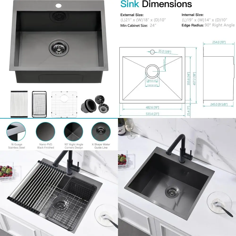 

Black Stainless Steel 16 Gauge Kitchen Sink, 21 x 18 x 10, Topmount Bar Prep Sink for Small Kitchen Spaces