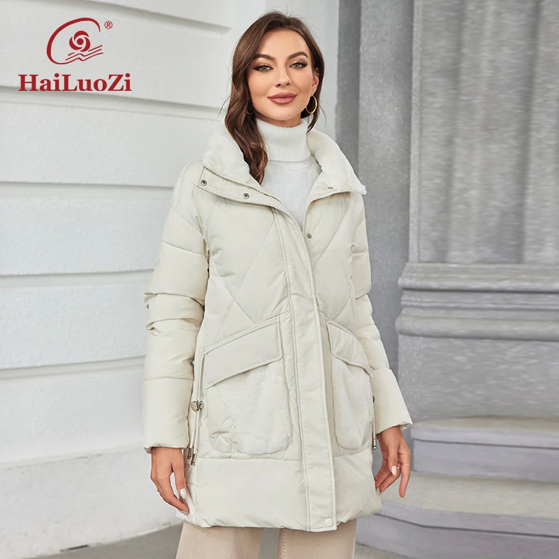 HaiLuoZi 2023 New Women Winter Jacket Short Warm Female Outwear Hooded Side Pockets With Fur Solid Color Women's Coat 1155