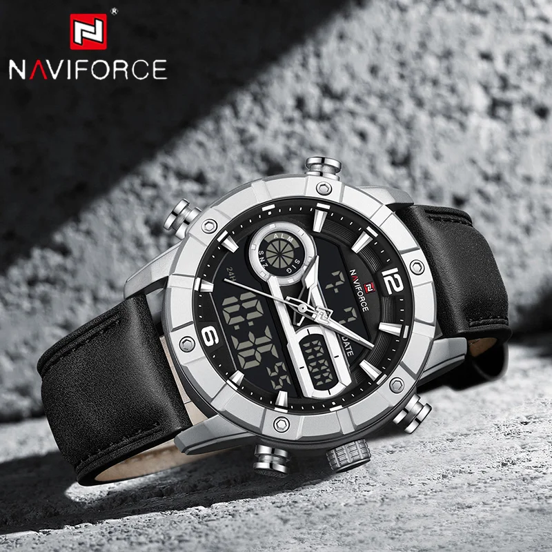 NAVIFORCE New 9263 Men Watch Genuine Leather Strap Chronograph Alarm Waterproof Luminous Double Display Genuine Man Sports Watch