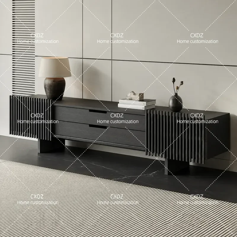 Minimalist Solid Wood TV Cabinet Living Room Black Low Cabinet Coffee Table Combination Nordic Retro Audio Visual Cabinet