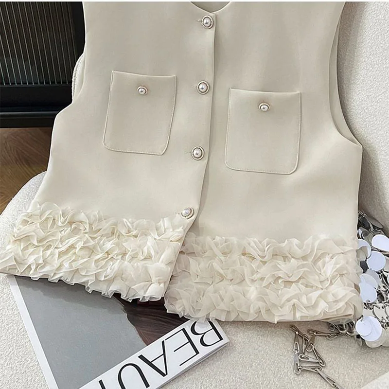 Ladies Vest Small Fragrance Stitching Hem Lace Vest Spring Autumn 2024 New Niche Design Sense Vest Comfortable Casual Joker Coat