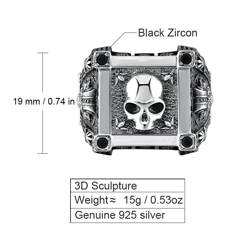 Adjustable Size 925 Sterling Silver Skull Rings For Men Zircon Ring Vintage Puck Rock Biker Jewelry