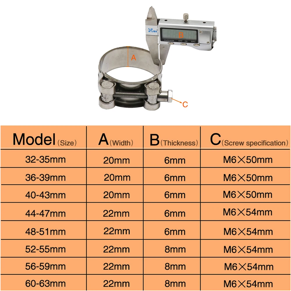 Motorcycle Exhaust Pipe Clamp 304 Stainless Steel 32-63mm Tube Hoop Motocross Slip-on Muffler Reducing Clip Fasteners Many Sizes