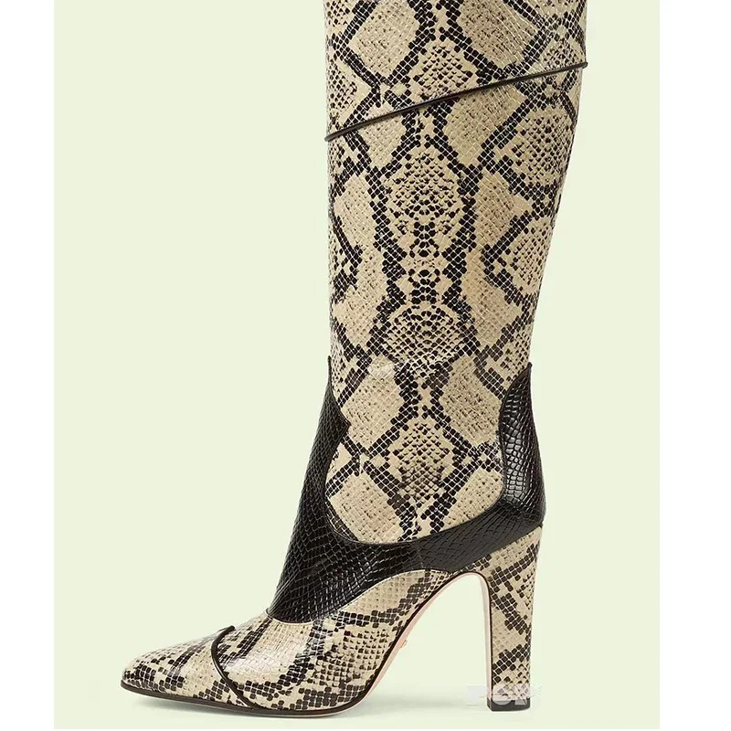 

Snake Print Pointed Toe Slip-On Block Heel Mid-Calf Boots Woman Winter 2026 Splicing High Heel Boot Female Shoes for Women