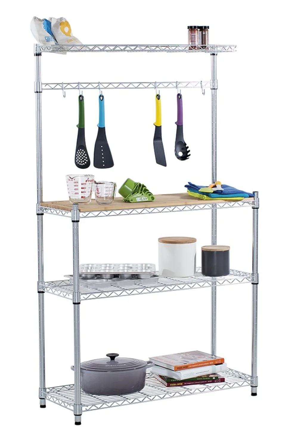 EcoStorage Bakers Rack and Pantry Organizer with 3 Shelves, Removable Bamboo Work Surface, and Hooks , 36” W x 14” D x 60” H