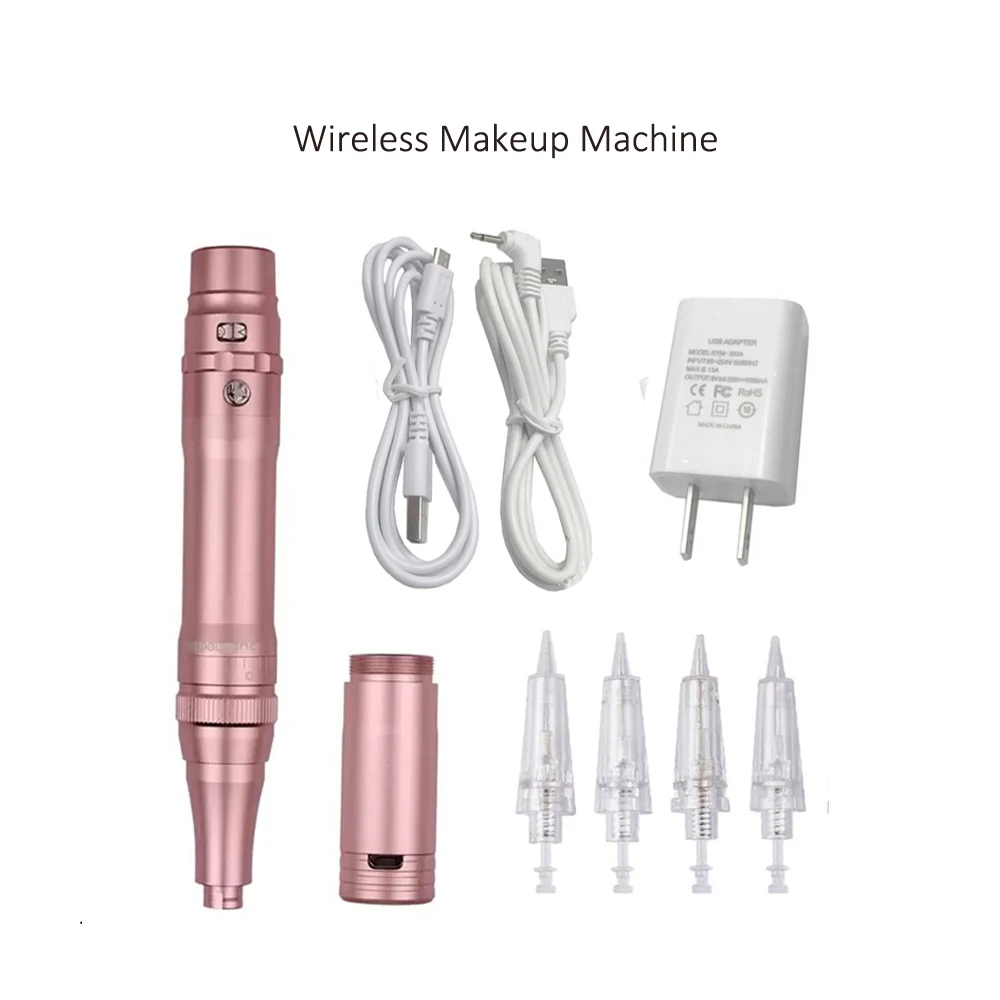 Rose Gold Professional Wireless Permanent Makeup Machine Pen Beauty Eyebrow Tattoo Machine Needles