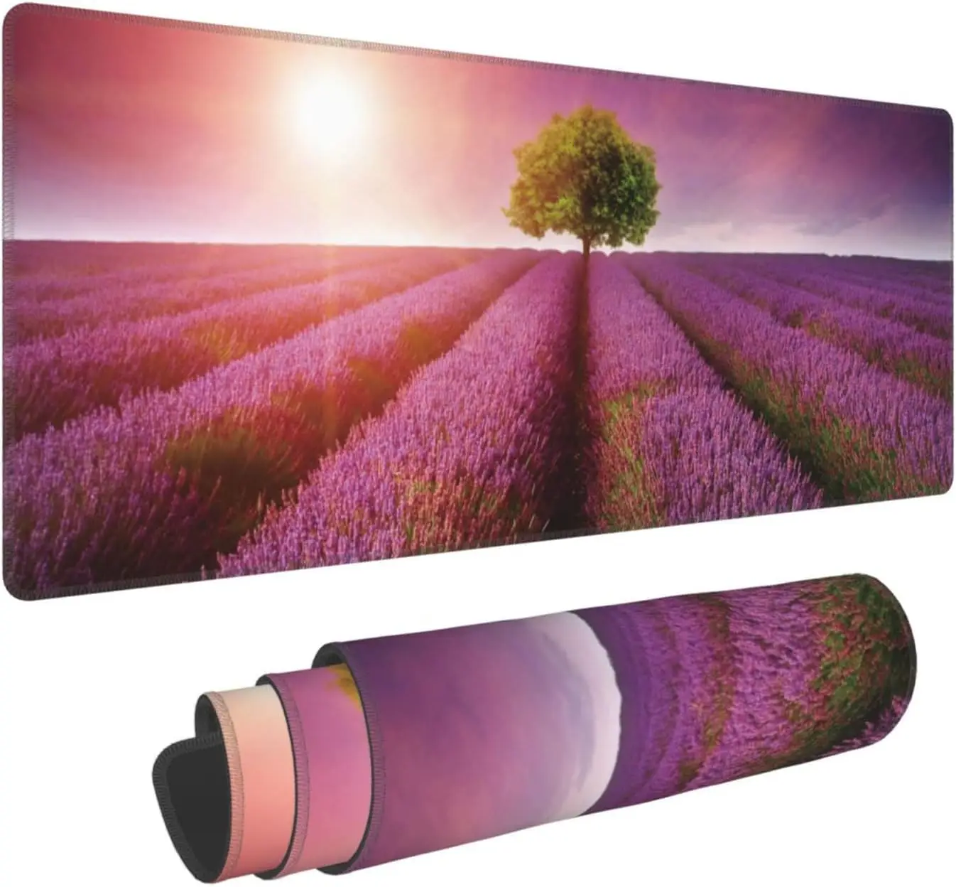 Lavender Field Landscape Gaming Mouse Pad with Non-Slip Rubber Base Stitched Edges Mouse Mat for Office Home 35.4 * 15.7 Inch