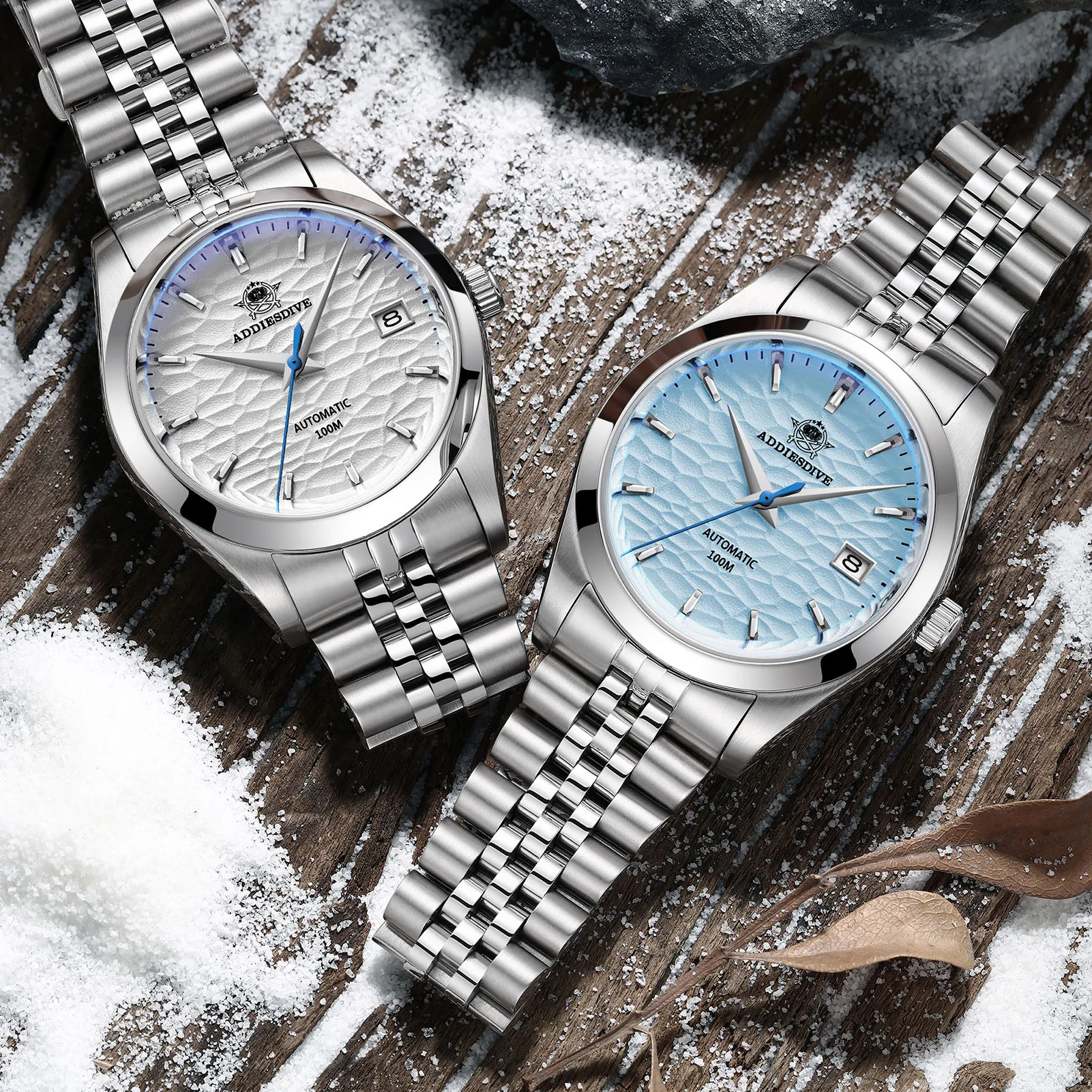 ADDIESDIVE 물결 무늬 다이얼 자동 기계식 시계 NH35 사파이어 남성용 손목시계 럭셔리 실버 발광 방수 시계